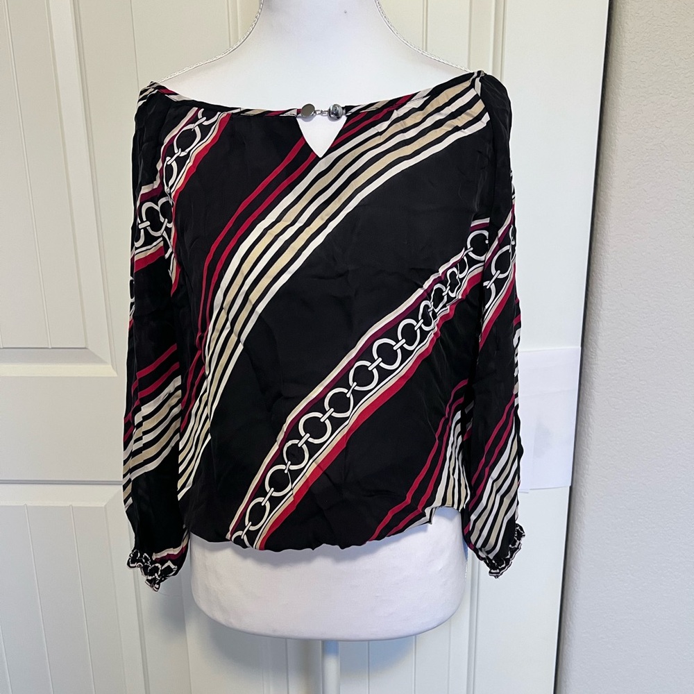 SILK White House Black Market Black Red Blouse Sz Small Elastic waist & wrist